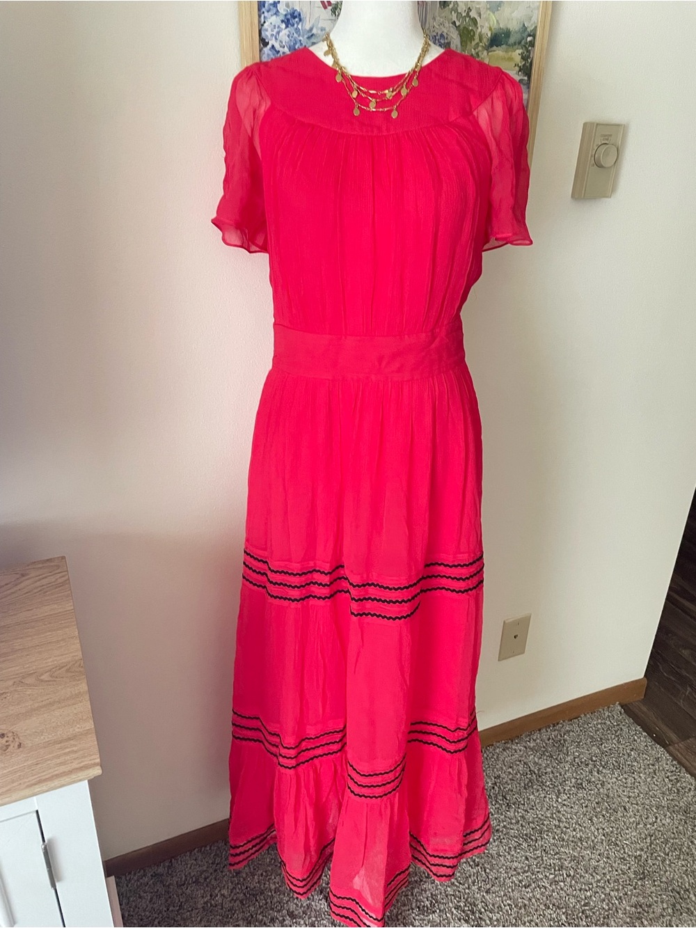 Boden Tiered Ric Rac Maxi Dress Chiffon Boho Short Sleeve Flowy Size US 4R - Picture 2 of 9
